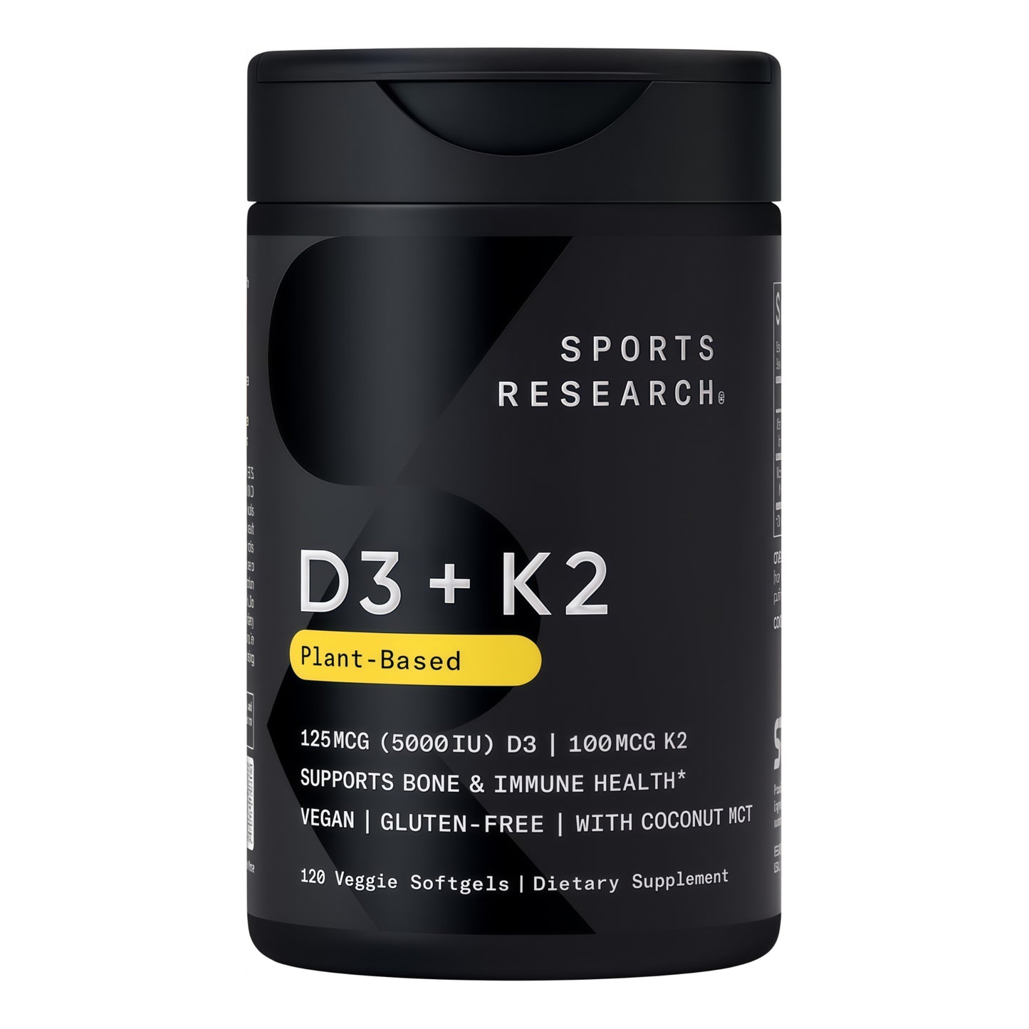 Sports Research Vitamin D3 with K2 Softgels - Plant Based K2 & Vegan D3 5000iu with Coconut MCT Oil - Vegan Certified, Soy & Gluten Free - 120 Count