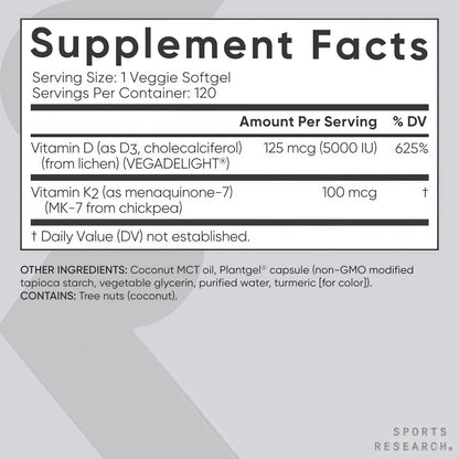 Sports Research Vitamin D3 with K2 Softgels - Plant Based K2 & Vegan D3 5000iu with Coconut MCT Oil - Vegan Certified, Soy & Gluten Free - 120 Count