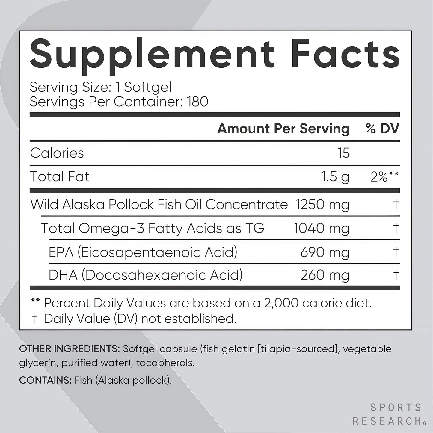 Sports Research® Omega-3 Fish Oil 1250 - Triple Strength Fish Oil Supplement from Wild Alaska Pollock - MSC Certified Sustainable · Non-GMO · Soy Free - 180 Softgel Capsules